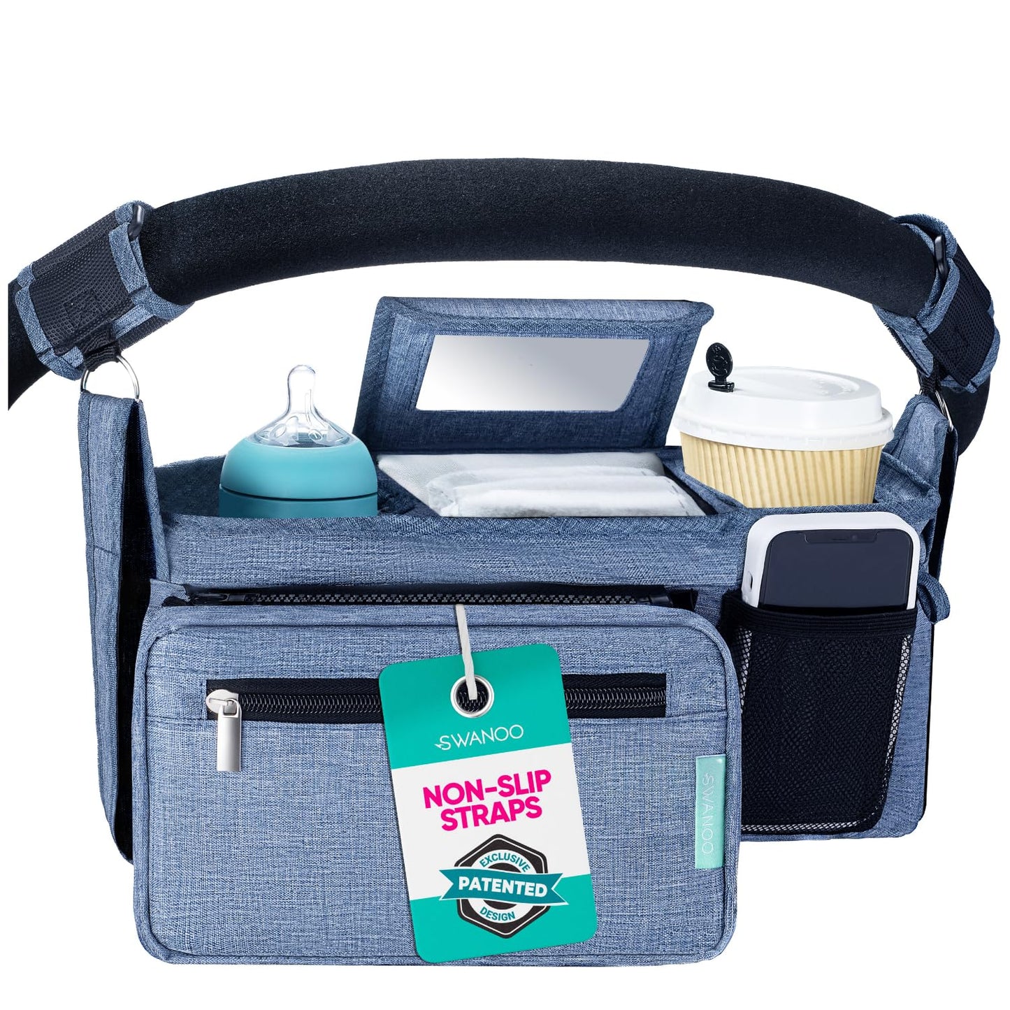 Swanoo Stroller Caddy Organizer With Cup Holder, Non Slip Straps Bag for Phone, Pet Stroller Accessories, Universal Fits Uppababby Vista v2 Wonderfold Wagon, Doona and More