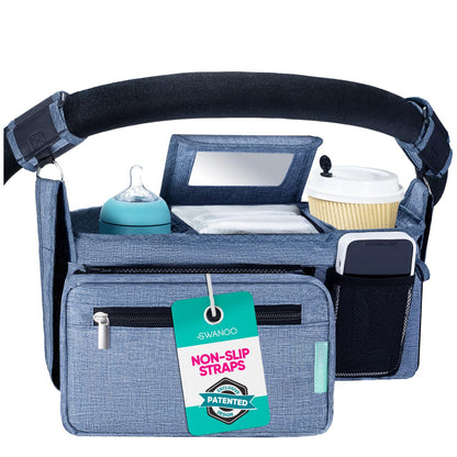 Swanoo Stroller Caddy Organizer With Cup Holder, Non Slip Straps Bag for Phone, Pet Stroller Accessories, Universal Fits Uppababby Vista v2 Wonderfold Wagon, Doona and More