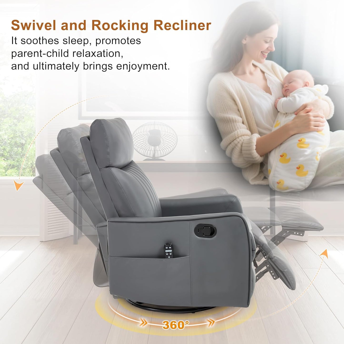 Manual 360° Swivel Rocker Recliner Chair for Adults, Overstuffed Glider Chair for Nursery with Vibration Massage and Heat, Comfy Soft Fabric Glider with Side Pockets for Living Room, Beige