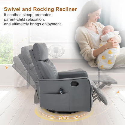 Manual 360° Swivel Rocker Recliner Chair for Adults, Overstuffed Glider Chair for Nursery with Vibration Massage and Heat, Comfy Soft Fabric Glider with Side Pockets for Living Room, Beige