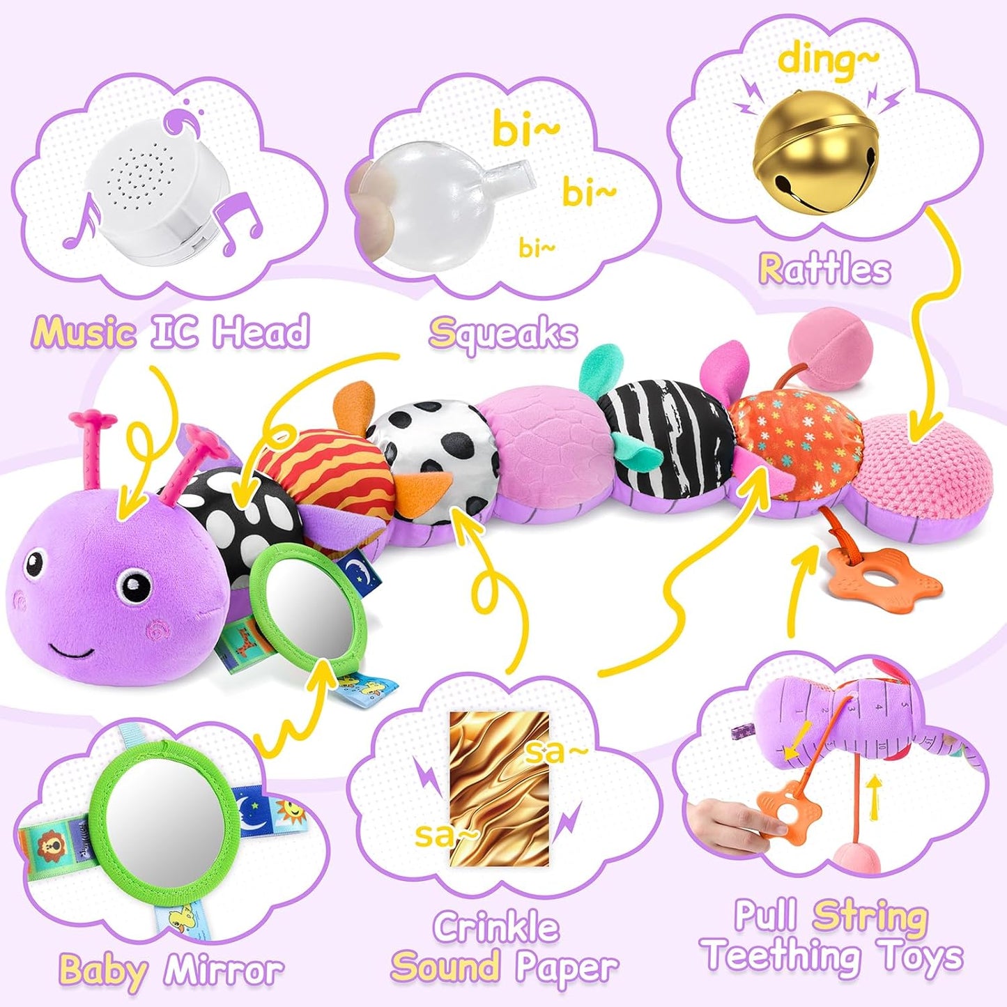Tummy Time Baby Toys Sensory Musical Animal Stuffed Car Seat Toy for Infant 0-3-6-12 Months Newborn, Plush Caterpillar with Mirror,Crinkle,Rattle Teething Toys for Baby Boys Girls Shower Gifts, Pink