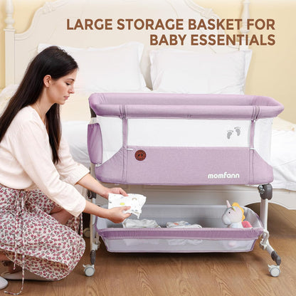 Baby Bassinet, Bedside Sleeper for Newborns Convertible Co-Sleeper Crib with Breathable Mesh, 6-Level Height Adjustment, Built-In Storage, Foldable Portable Bassinet for Home or Travel, Pink & Purple