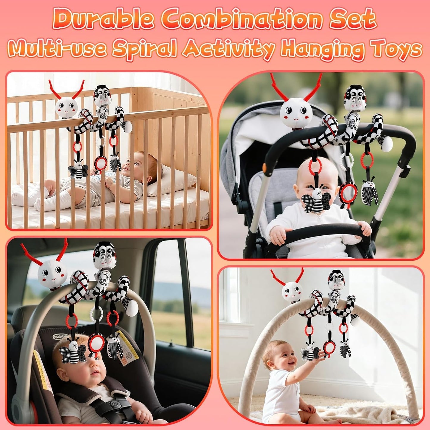 Car Seat Toys for Babies, 0-6 Months Stroller Activity Black White Baby Spiral Plush Toys Newborn High Contrast Sensory Carseat Toys with 4 Pendants Hanging Boys Girls Gift