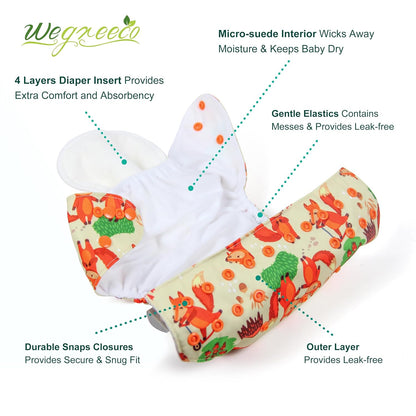 wegreeco Cloth Diapers 6 Pack with 6 Inserts & 1 Wet Bag, Washable Cloth Diapers for Babies, One Size Adjustable Reusable (Flower)