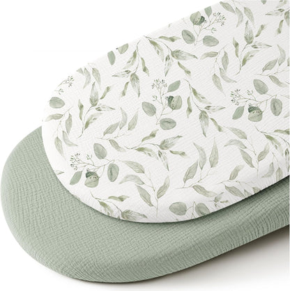 Konssy Muslin Fitted Bassinet Sheets 2 Pack for Baby Girl Boy, Soft Bedside Sleeper Bassinet Sheets Fit for Baby Bassinets, Moses Basket Oval Rectangle Pad/Mattress