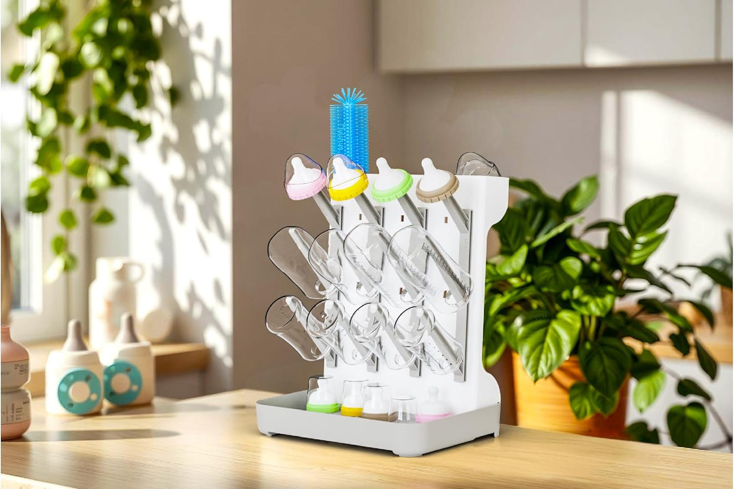Baby Bottle Drying Rack: Large Vertical Bottle Dryer Rack Holder - Space Saving Standing Drying Rack for Baby Bottles and Pump Part Cleaning（Beige）