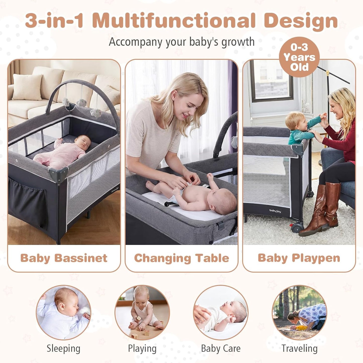 BABY JOY 3 in 1 Pack and Play, Travel Baby Crib Bassinet Bed with Bassinet, Changing Table with Safety Belt, Toy Bar, Lockable Wheels, Portable Baby Playard from Newborn to Toddler