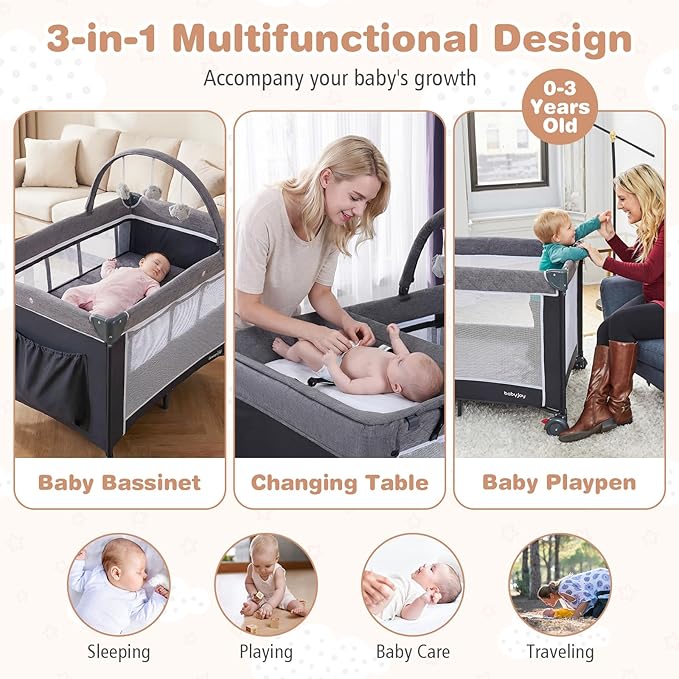 BABY JOY 3 in 1 Pack and Play, Travel Crib Bassinet Bed for Baby, Changing Table w/Safety Belt, Toy Bar, Lockable Wheels, Portable Baby Playard from Newborn to Toddler