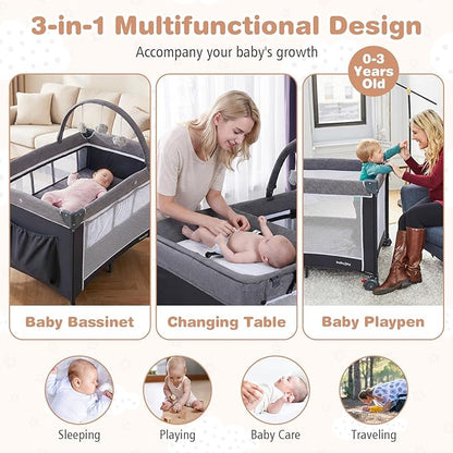 BABY JOY 3 in 1 Pack and Play, Travel Crib Bassinet Bed for Baby, Changing Table w/Safety Belt, Toy Bar, Lockable Wheels, Portable Baby Playard from Newborn to Toddler
