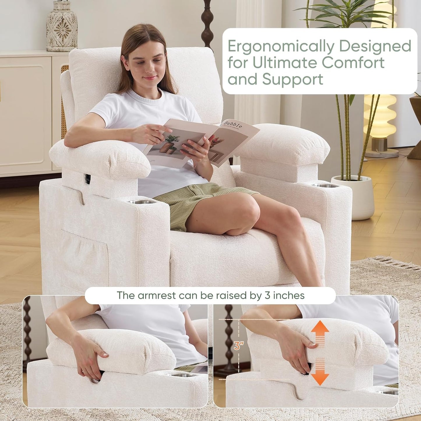 Rocking Chair Nursery with Adjustable Armrest for Breastfeeding, Glider Recliner Nursery Chair with Massage and Heat, Power Swivel Rocker Recliner with Adjustable Headrest, Corduroy, Beige