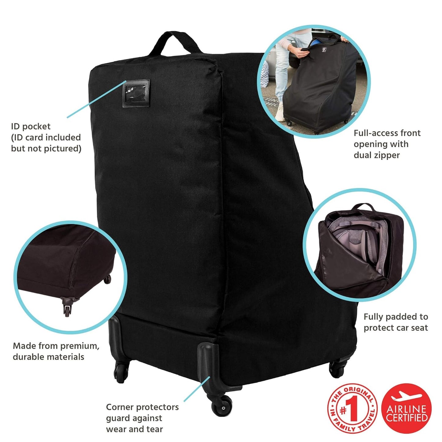 J.L. Childress Spinner Wheelie Padded Car Seat Bag- Travel Bag for Airplane, Fits Most Baby & Infant Car Seats, Boosters, & Carriers, Airport Accessories for Gate Check or Baggage Check- Deluxe, Black