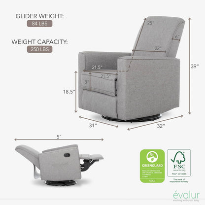 Evolur Raleigh Upholstered Manual Glider Recliner– Rocking & 360° Swivel with Smooth Glide – Greenguard Gold & FSC Certified – Modern Nursery and Living Room Chair in Light Sand