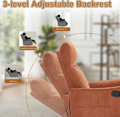 Manual 360° Swivel Rocker Recliner Chair for Adults, Overstuffed Glider Chair for Nursery with Vibration Massage and Heat, Comfy Soft Fabric Glider with Side Pockets for Living Room, Beige