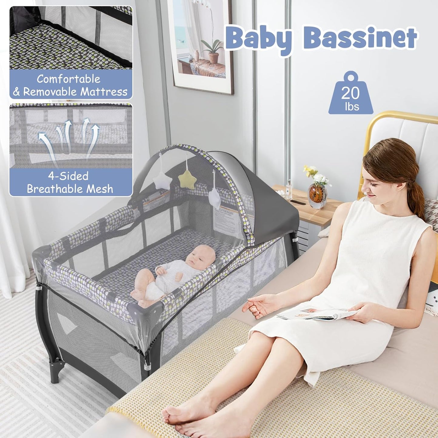 HONEY JOY Pack and Play with Bassinet, 4-in-1 Portable Baby Playard with Changing Table, Net & Cute Toys, Diaper Storage Bag, Music Box, Wheels with Brake, Foldable Newborn Play Yard w/Carry Bag