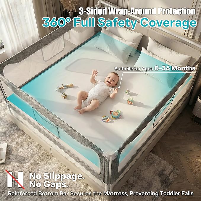 King Size Baby Bed Rail Guard – Extra Tall Safety Bedside Rail with Headboard Rod for Toddlers, Adjustable No-Gap Design, 3 Panels (2×78.7″ + 1×74.8″), Gray + Light Blue