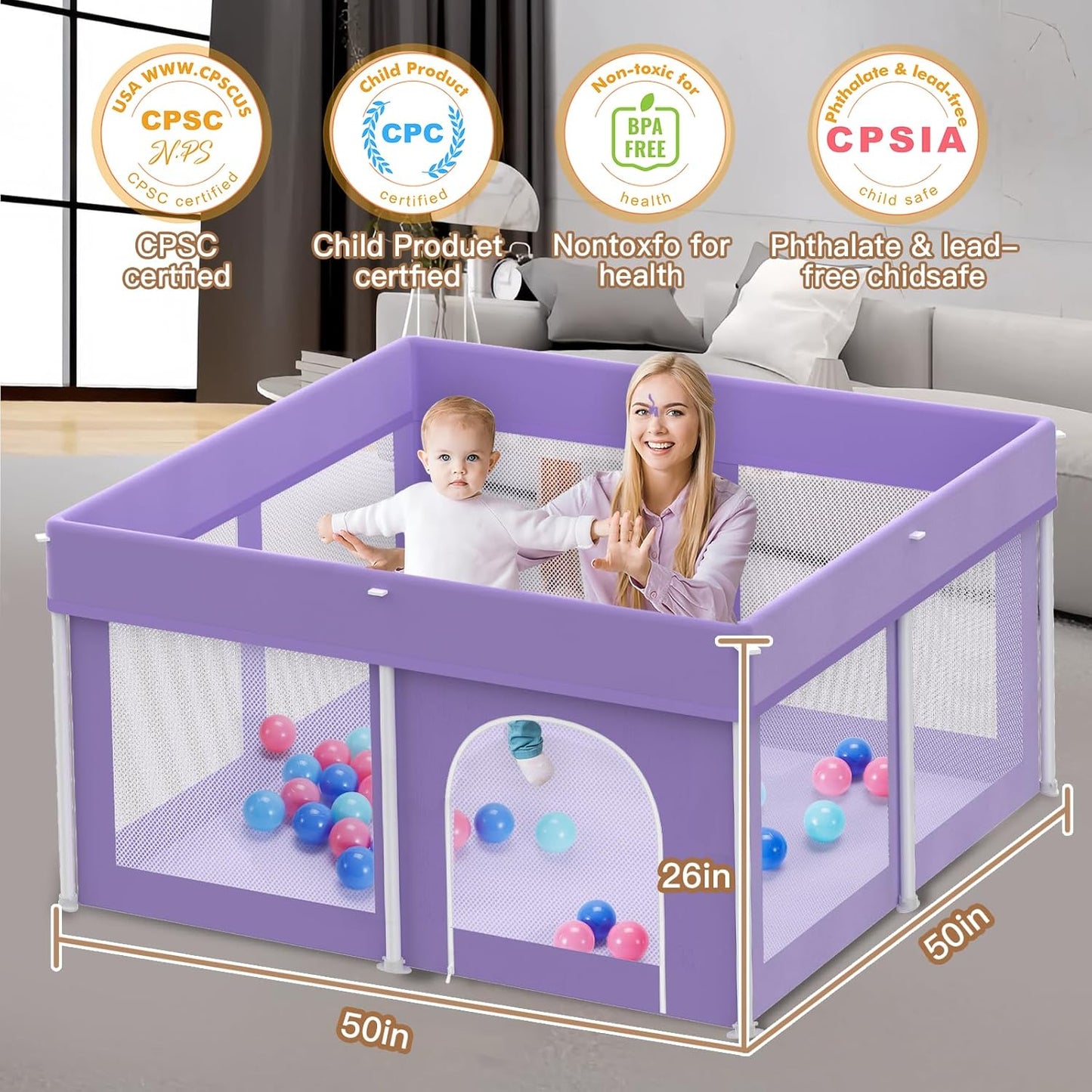 Foldable Baby Playpen 50"×50", Playard for Babies and Toddlers, Portable Safety Baby Fence Lightweight,No Installation, Indoor & Outdoor Playpen with Ocean Balls*50, Grey