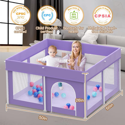 Foldable Baby Playpen 50"×50", Playard for Babies and Toddlers, Portable Safety Baby Fence Lightweight,No Installation, Indoor & Outdoor Playpen with Ocean Balls*50, Grey
