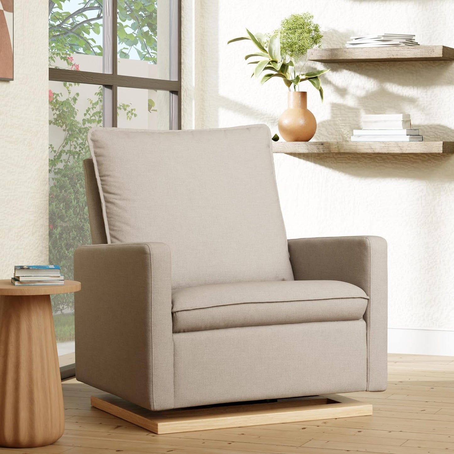 Babyletto Cali Pillowback Swivel Glider in Performance Plastic Cream Eco-Weave, Water Repellent & Stain Resistant, Greenguard Gold and CertiPUR-US Certified