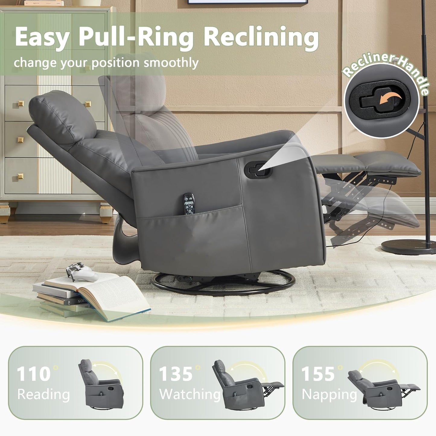 cinkehome Swivel Rocker Recliner, Glider Rocker Recliner Chair for Nursery, Manual Reclining Chair with Heated Massage, Small Spaces, Living Room, Khaki Chenille