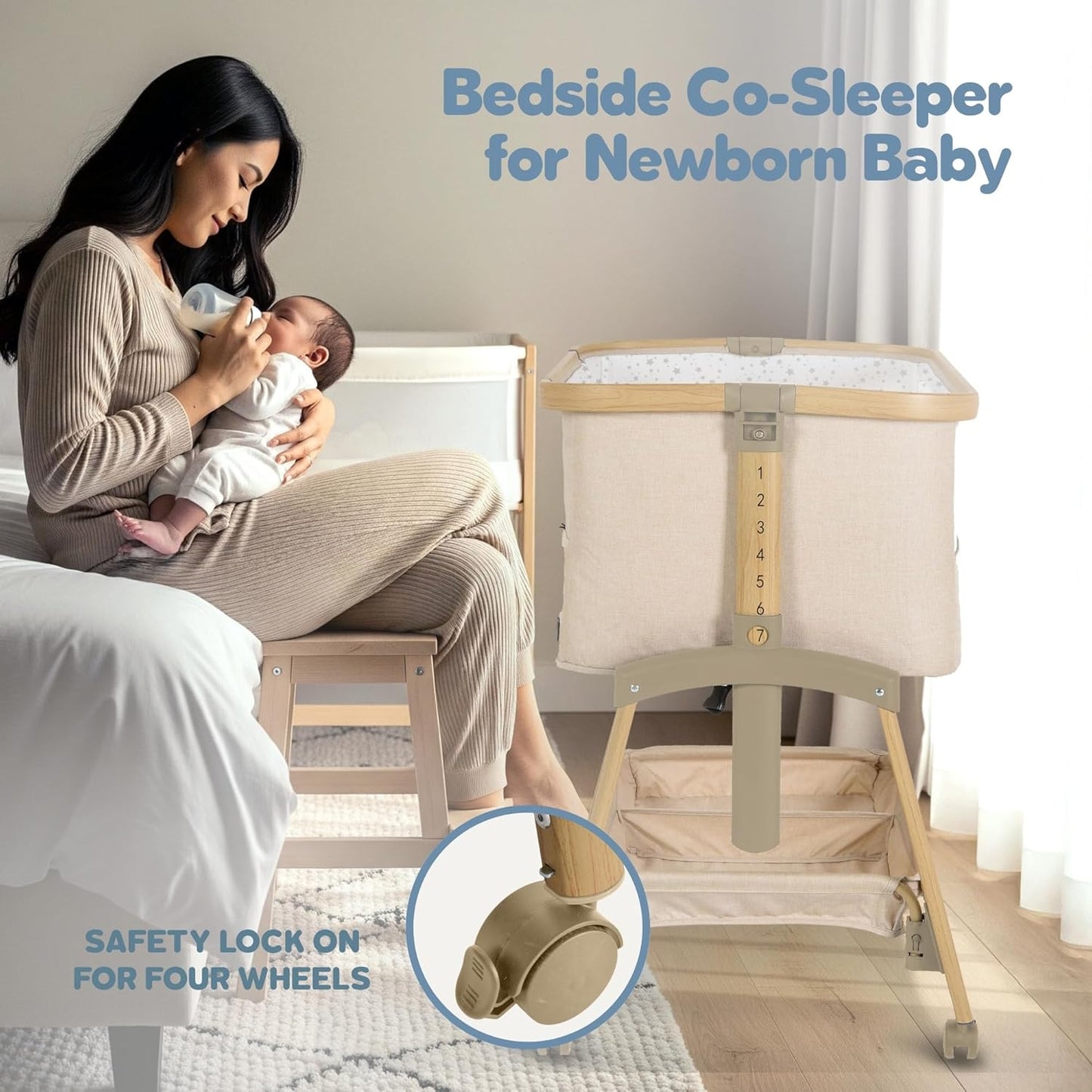 Motherly Haven Baby Bassinet Bedside Sleeper, Portable Crib for Newborns, Adjustable 7-Height Auto-Lock, with Wheels, Soft Mattress & Breathable Mesh (Light Grey)