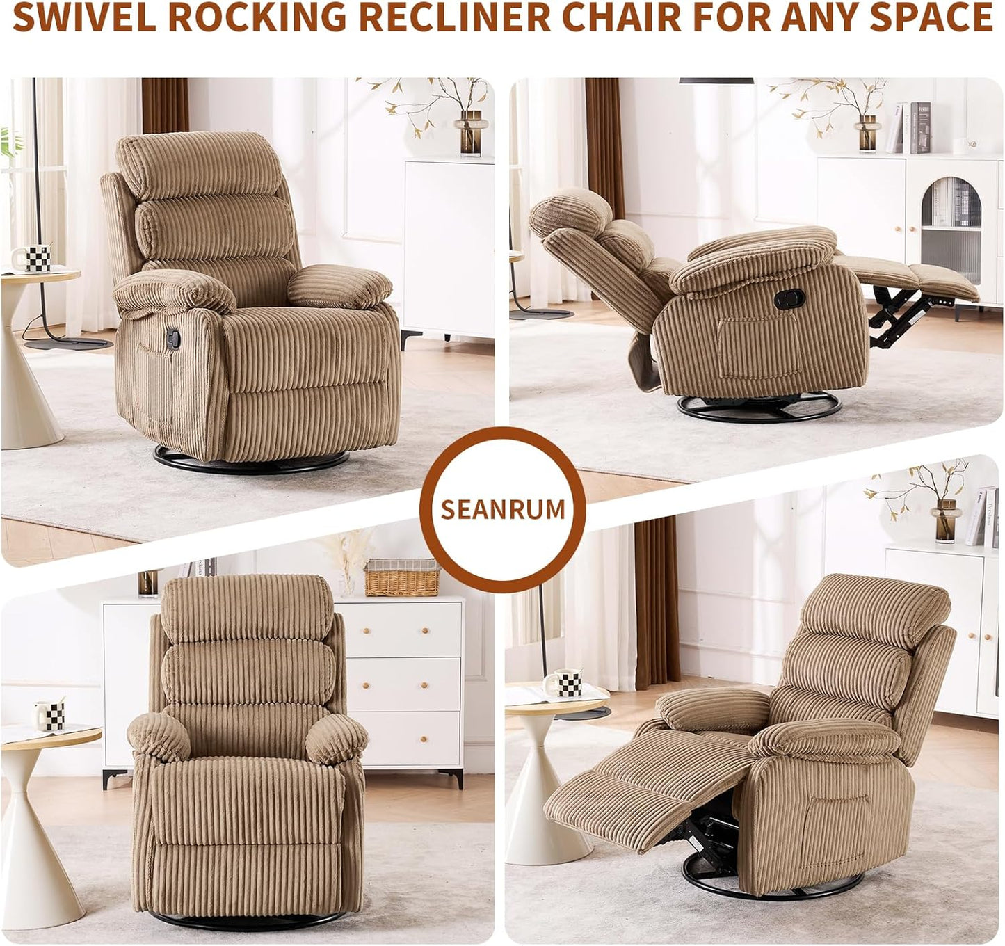 Adult 360° Rocking Recliner Chair，Nursery Rocker Reclining Chair with Side Pocket, a Comfy upholstered Single Sofa Armchair. Suitable for Living Room, Bedroom Nursing use, Velvet Fabric in Beige