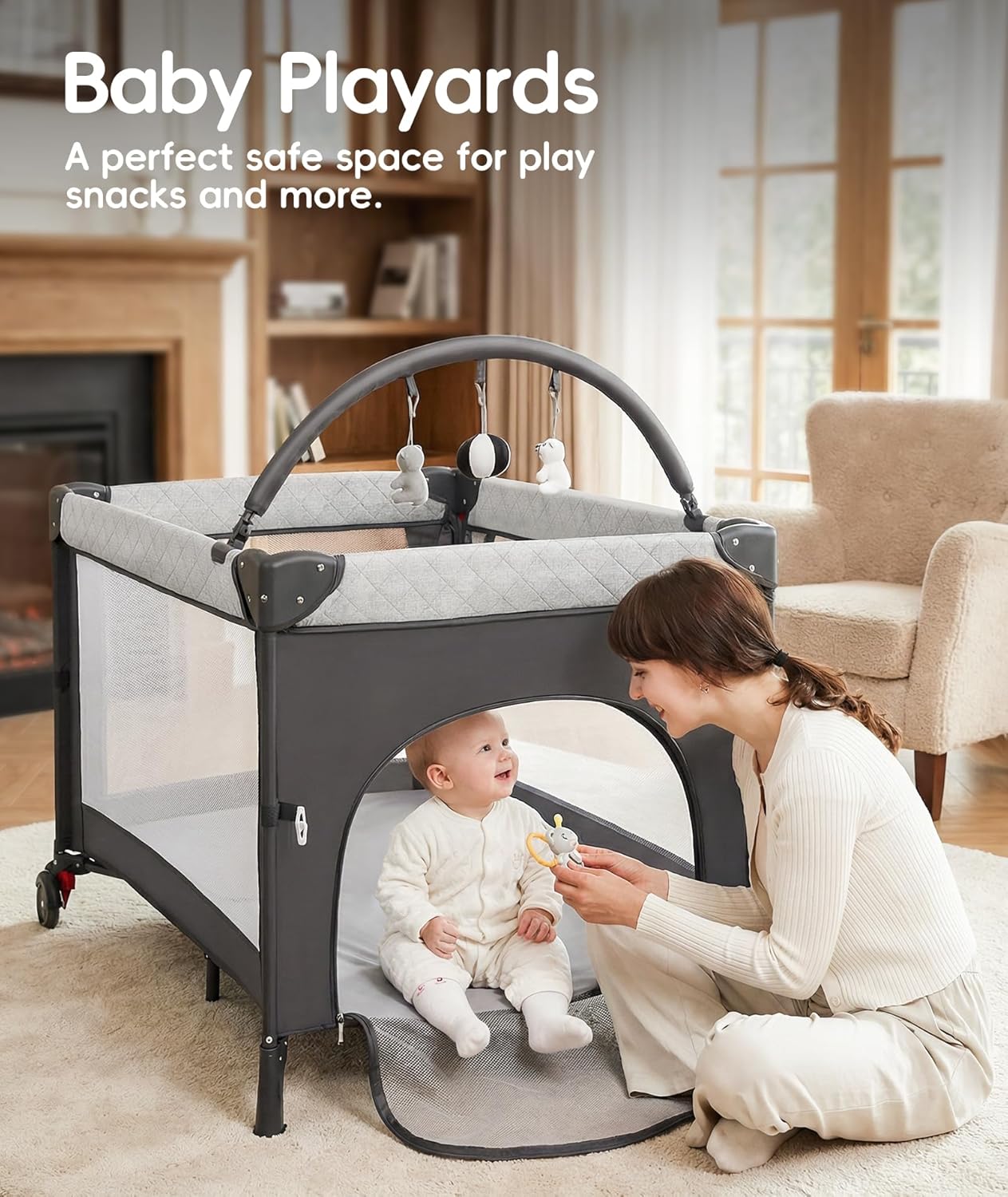 4 in 1 Baby Bassinet Bedside Crib with One-Hand Setup & Waterproof Mattress – ASTM-Certified Pack and Play, Portable Foldable Playard with Diaper Changer for Newborn to Toddler(Black)