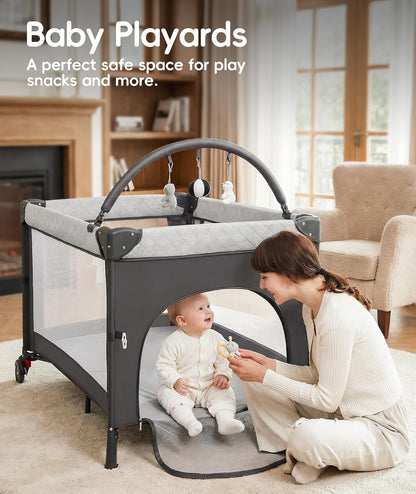 4 in 1 Baby Bassinet Bedside Crib with One-Hand Setup & Waterproof Mattress – ASTM-Certified Pack and Play, Portable Foldable Playard with Diaper Changer for Newborn to Toddler(Black)