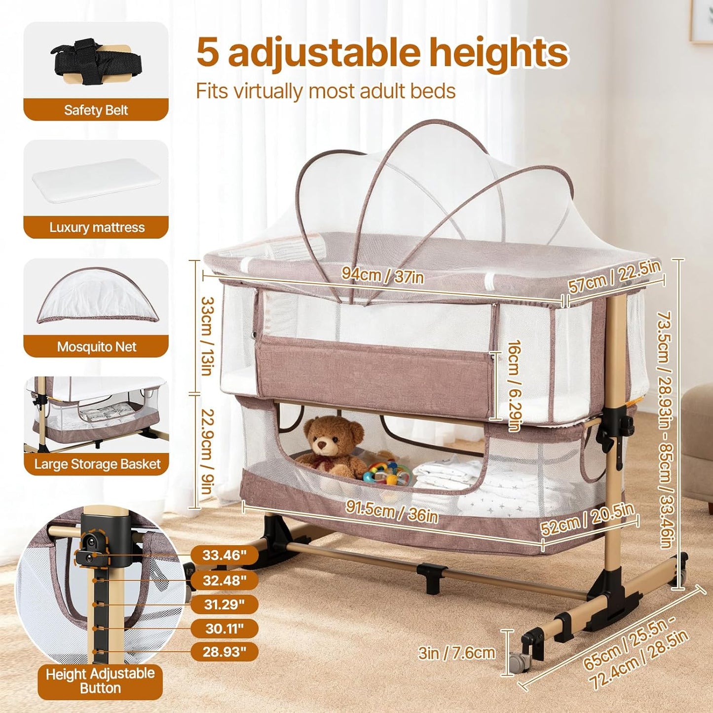 Baby Bassinet Bedside Sleeper, 3-in-1 Bedside Bassinet, 5 Height Adjustable Rocking Baby Crib, Breathable Full Mesh, Mosquito Net, Storage Basket, Stable and Secure Bassinets for Newborn (Pink)