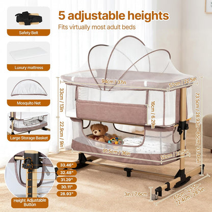 Baby Bassinet Bedside Sleeper, 3-in-1 Bedside Bassinet, 5 Height Adjustable Rocking Baby Crib, Breathable Full Mesh, Mosquito Net, Storage Basket, Stable and Secure Bassinets for Newborn (Pink)
