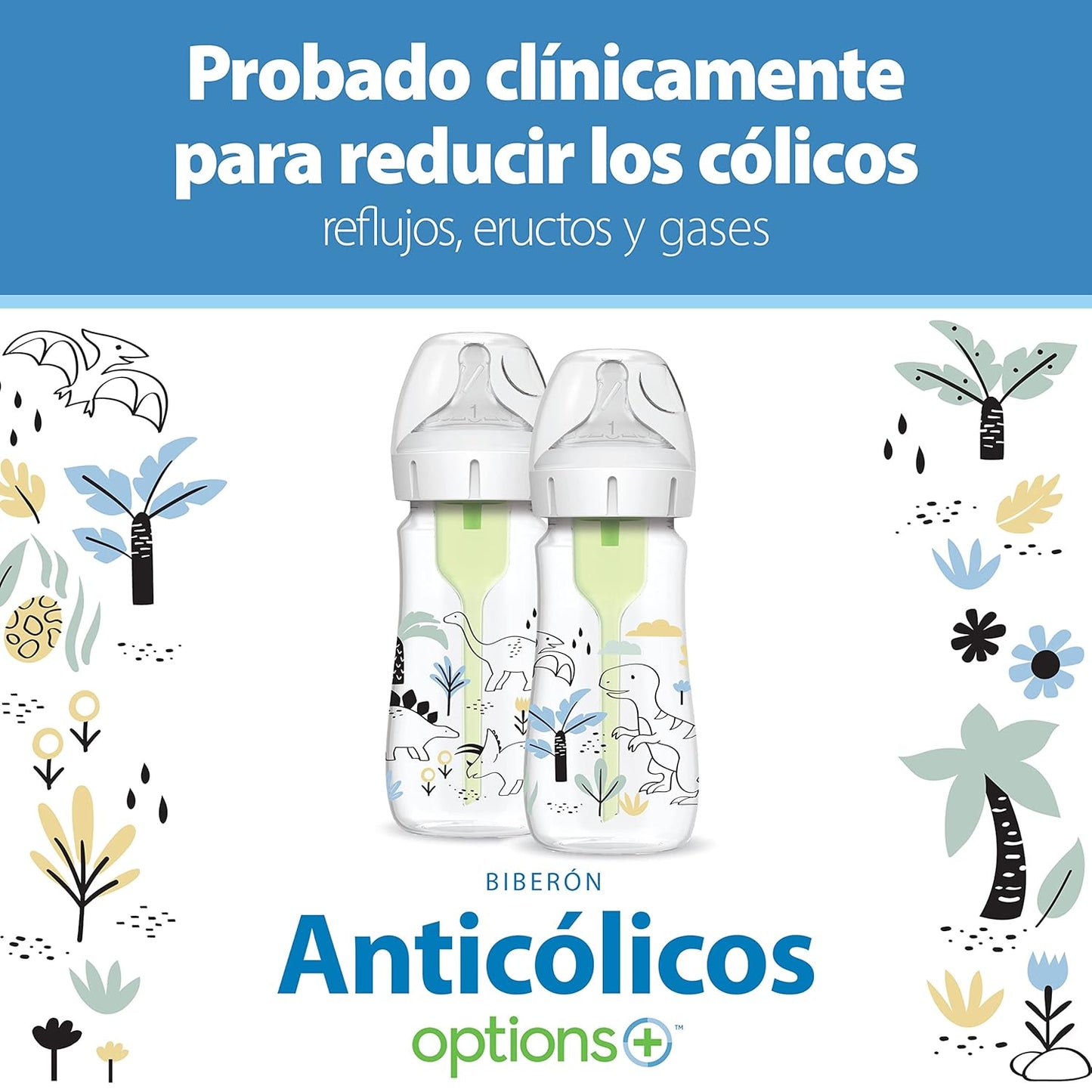 Dr. Brown's Anti-Colic Options + Wide-Neck Baby Bottle Designer Edition Dino Decos, 9oz/270mL, Level 1 Slow Flow Nipple, BPA-Free, 0m+, 2-Pack