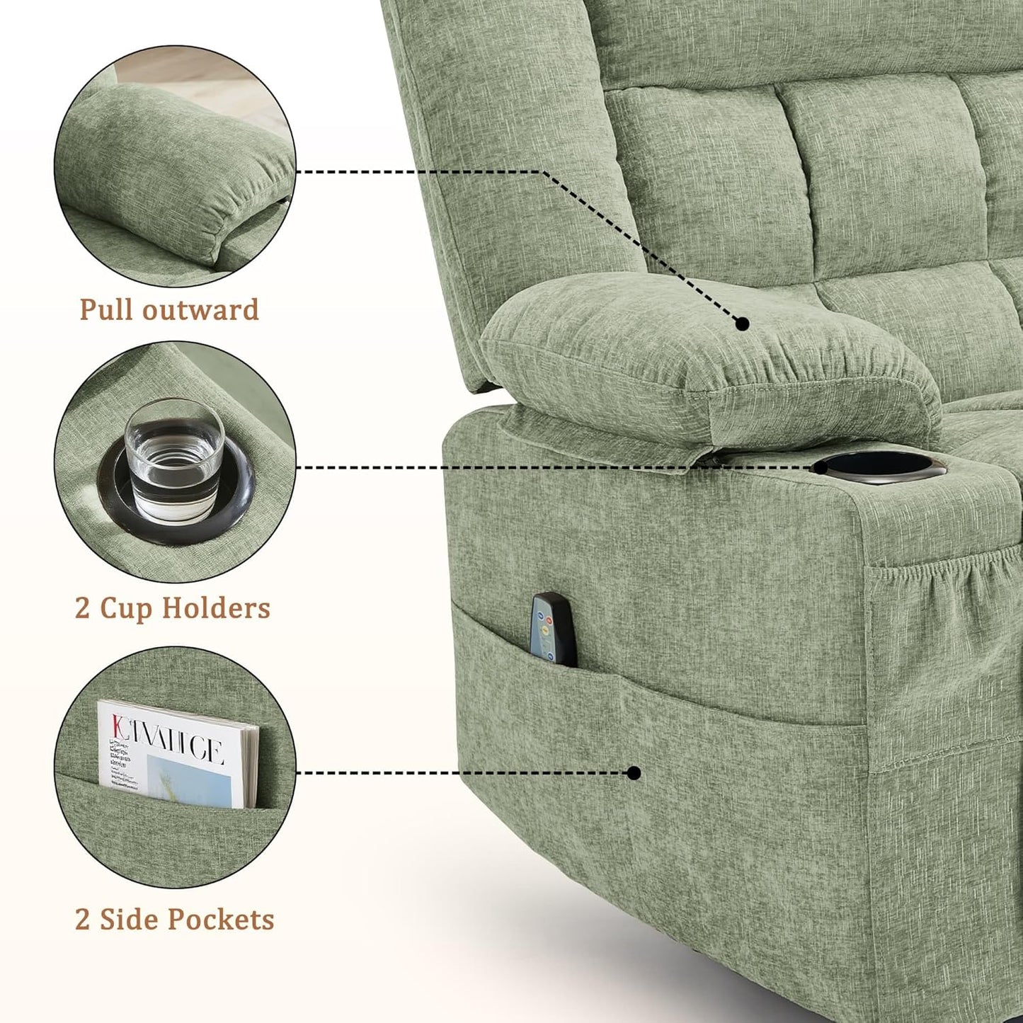 Korser 360° Swivel Rocker Recliner for Adults, Nursery Glider Recliner with Massage and Heating, Rocking Chair with Cup Holder, Manual Recliner Chair for Living Room, Bedroom (Fabric, Beige)