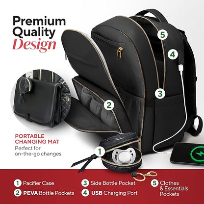 Large PU Leather Diaper Bag Backpack Set (3-Piece) – Baby Bag with Large Changing Pad, Insulated Warm/Cool Bottle Pockets Organization, Newborn Essentials Travel Gift for Mom & Dad, Best Baby Shower