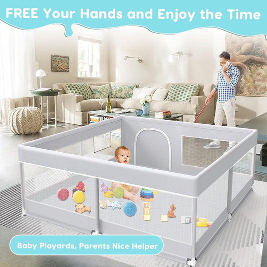 Fshibila Baby Playpen, 50x50 Inch Baby Playard for Babies and Toddlers, Play Pens for Indoor & Outdoor, Sturdy Safety Play Yard with Soft Breathable Mesh, Anti-Fall, Grey