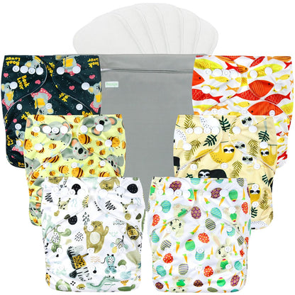 wegreeco Cloth Diapers 6 Pack with 6 Inserts & 1 Wet Bag, Washable Cloth Diapers for Babies, One Size Adjustable Reusable (Flower)