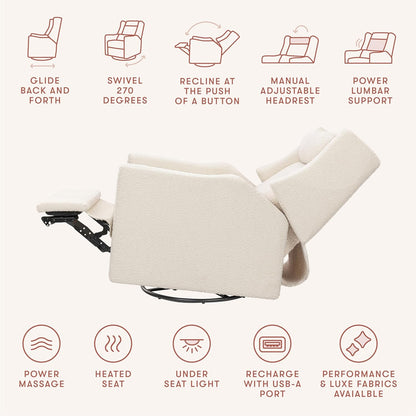 Babyletto Kiwi Deluxe Power Recliner and Swivel Glider with Heat and Massage in Almond Teddy Loop, Built-in USB Charging Port, Adjustable Headrest, Greenguard Gold, FSC and CertiPUR-US Certified