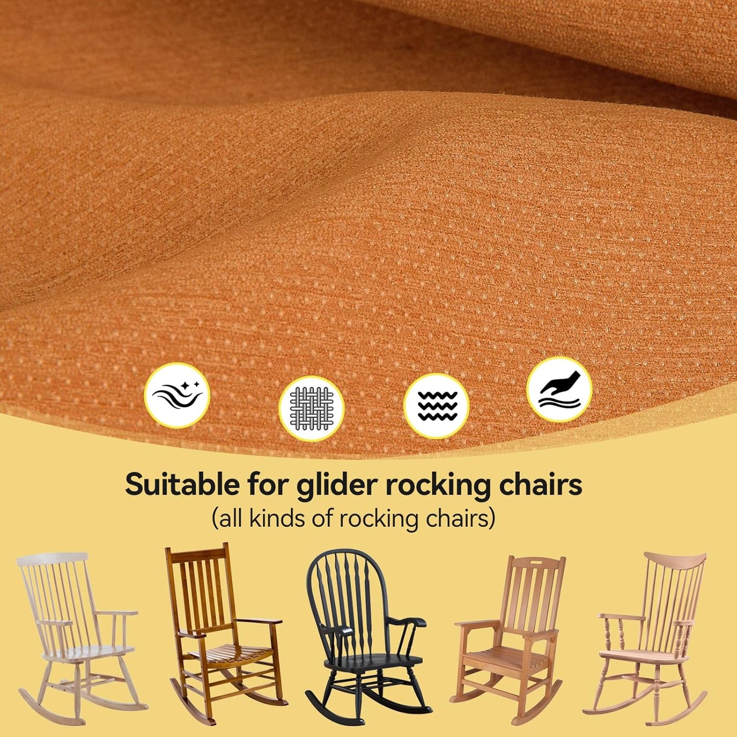 Millsilo Rocking Chair Cushions 3-Piece Set with Neck Pillow, Indoor Rocker Comfortable Tufted Non-Slip Pads with Ties, High-Density Foam Cushion for Adirondack Glider Chair, Orange, 52 x 19 x 4 Inch