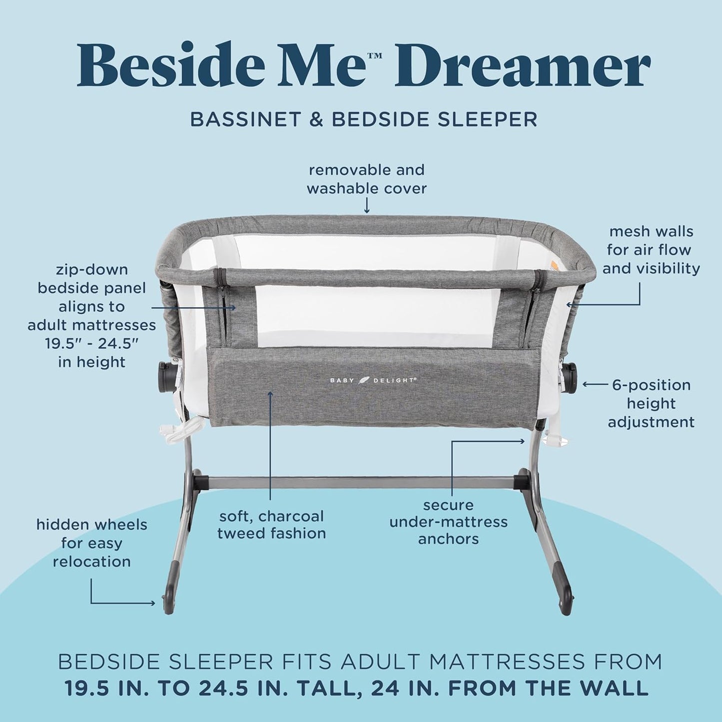 Baby Delight Beside Me Dreamer Bassinet | Bedside Sleeper | 6-Position Height Adjustment | Charcoal Tweed
