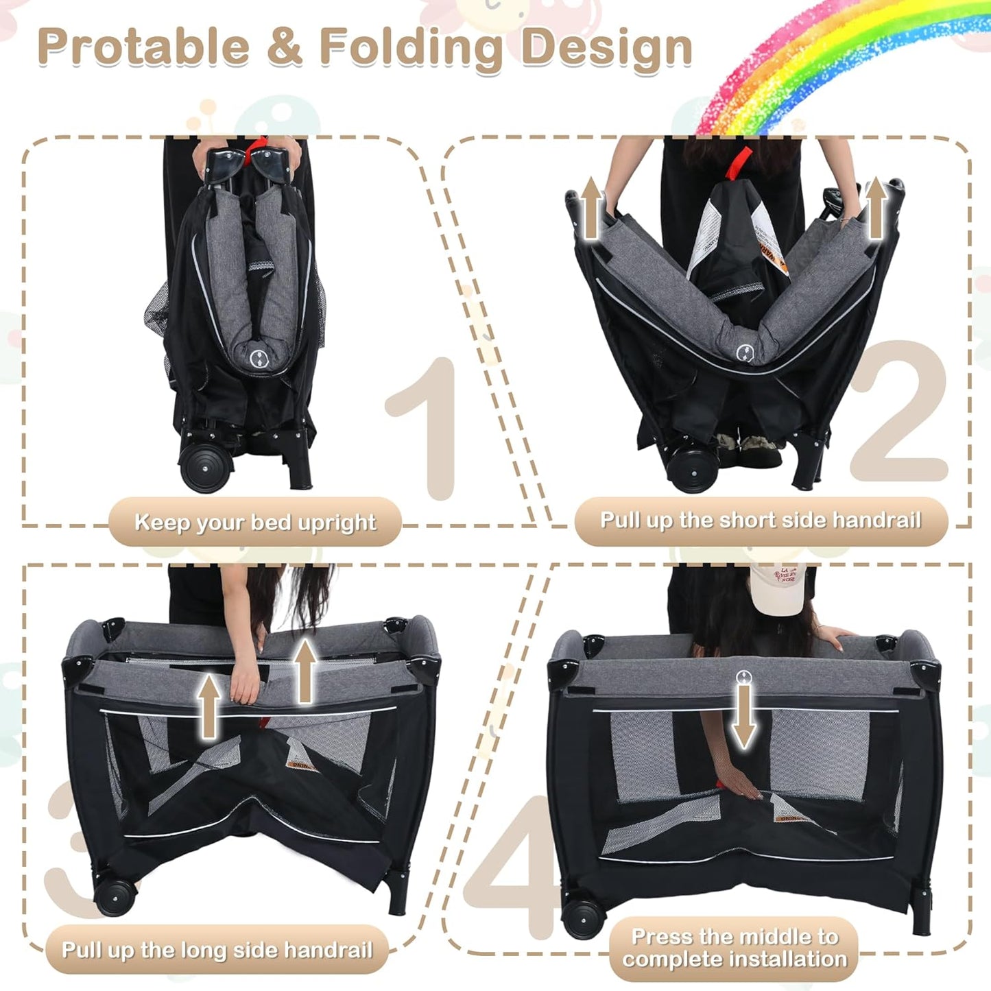 TODEFULL 4 in 1 Multifunctional Pack and Play, Foldable Baby Playards with Changing Table & Breathable Mesh, Baby Playpen for Babies and Toddlers, Black