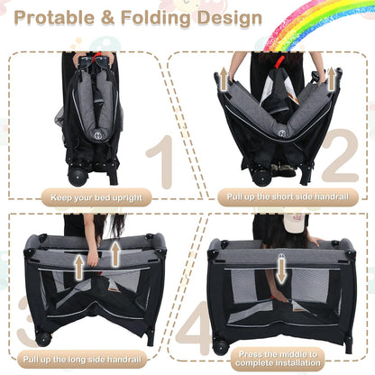 TODEFULL 4 in 1 Multifunctional Pack and Play, Foldable Baby Playards with Changing Table & Breathable Mesh, Baby Playpen for Babies and Toddlers, Black