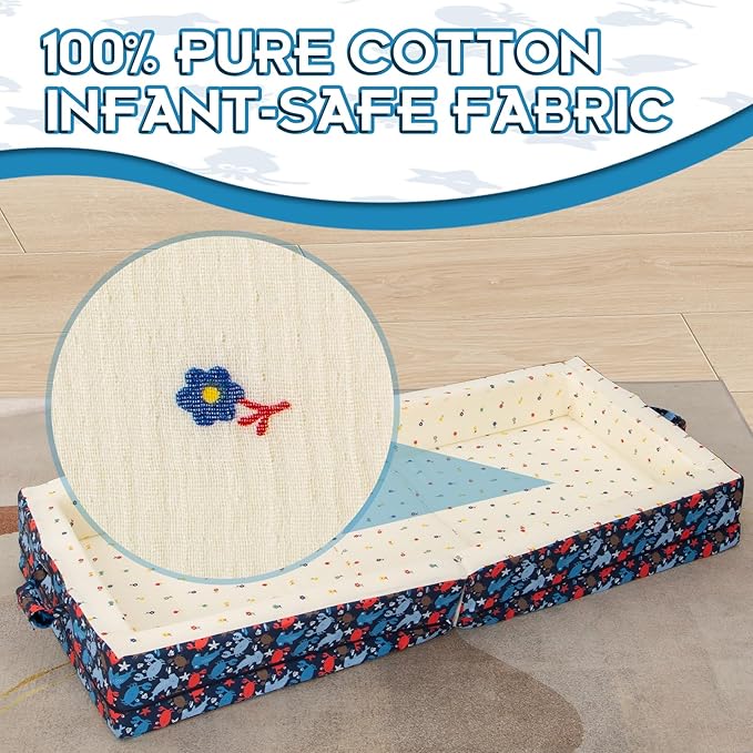 Umoving 100% Cotton Lining Portable Foldable Toddler Travel Bed - Soft Foam Floor Bed with Washable Cover, Safe and Comfortable Toddler Crib, Ocean Blue