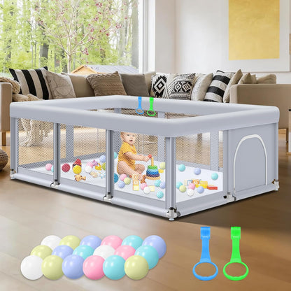 Fshibila 74" ×50" Large Baby Playpen, Baby Playard for Babies and Toddlers, Baby Fence Play Pens for Indoor & Outdoor, Sturdy Safety Play Yard with Soft Breathable Mesh, Anti-Fall, Grey