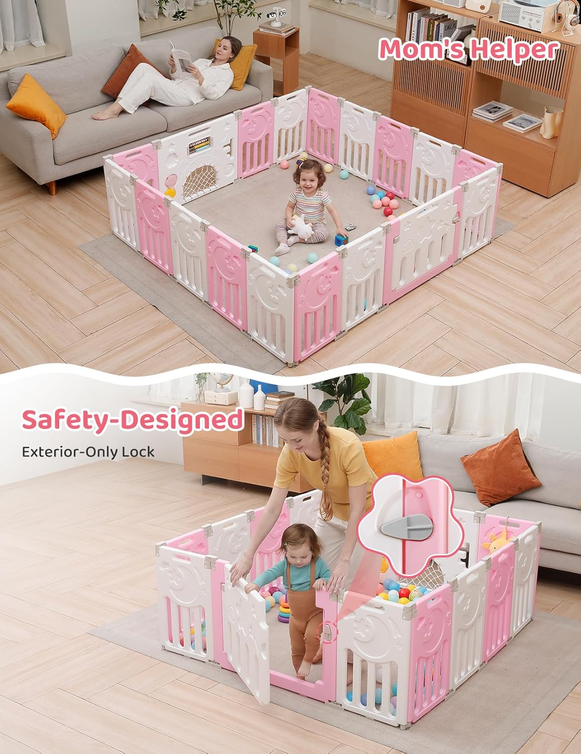 Baby Playpen, Dripex Baby Playard for Babies and Toddlers, 14-Panel Foldable Playpen Adjustable Portable Play Area, Indoor/Outdoor Kids Active Center with Game Panel & Safety Gate, Grey White