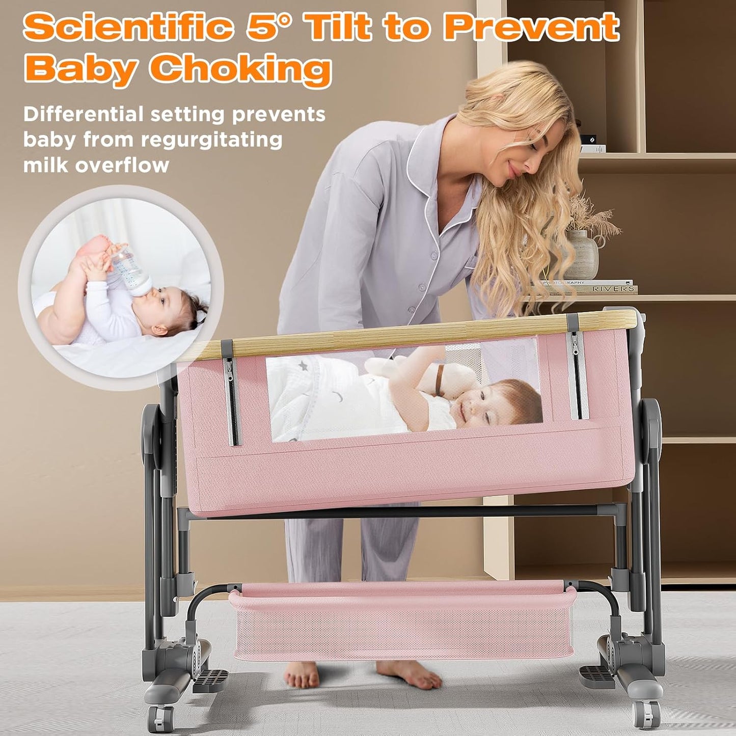 4 in 1Baby Bassinet,Bedside Bassinet for Baby, Rocking Bassinet with Comfy Mattress and Wheels, 7 Height Adjustable Easy Folding Portable Bedside Crib for Newborn