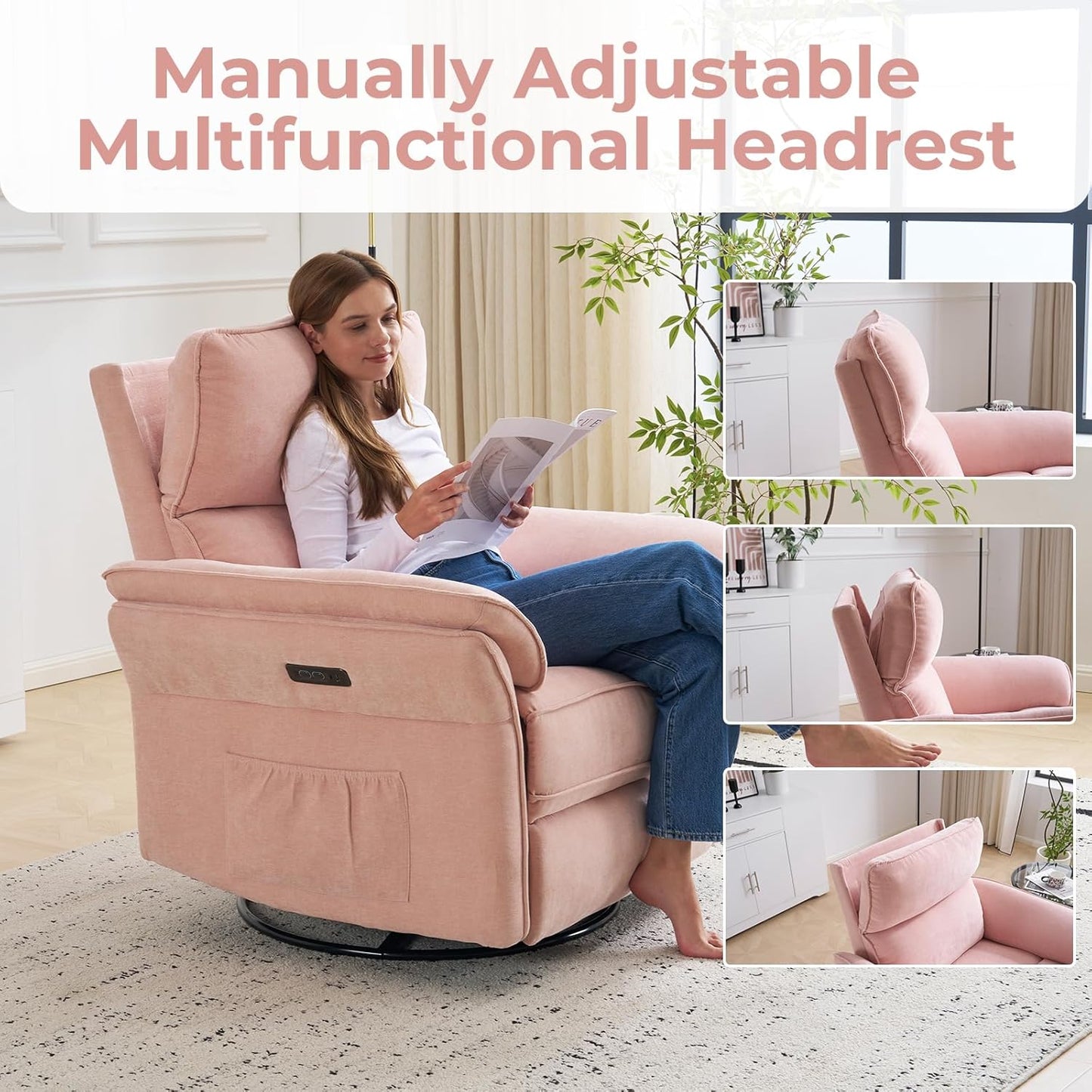 Oversized Glider Rocker Recliner, 26" Extra Wide 360° Swivel Nursery Recliner with Adjustable Headrest, Chenille Rocking Nursery Chair with Overstuffed Armrest, Lumbar Support, Light Grey