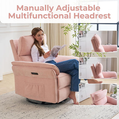Oversized Glider Rocker Recliner, 26" Extra Wide 360° Swivel Nursery Recliner with Adjustable Headrest, Chenille Rocking Nursery Chair with Overstuffed Armrest, Lumbar Support, Light Grey