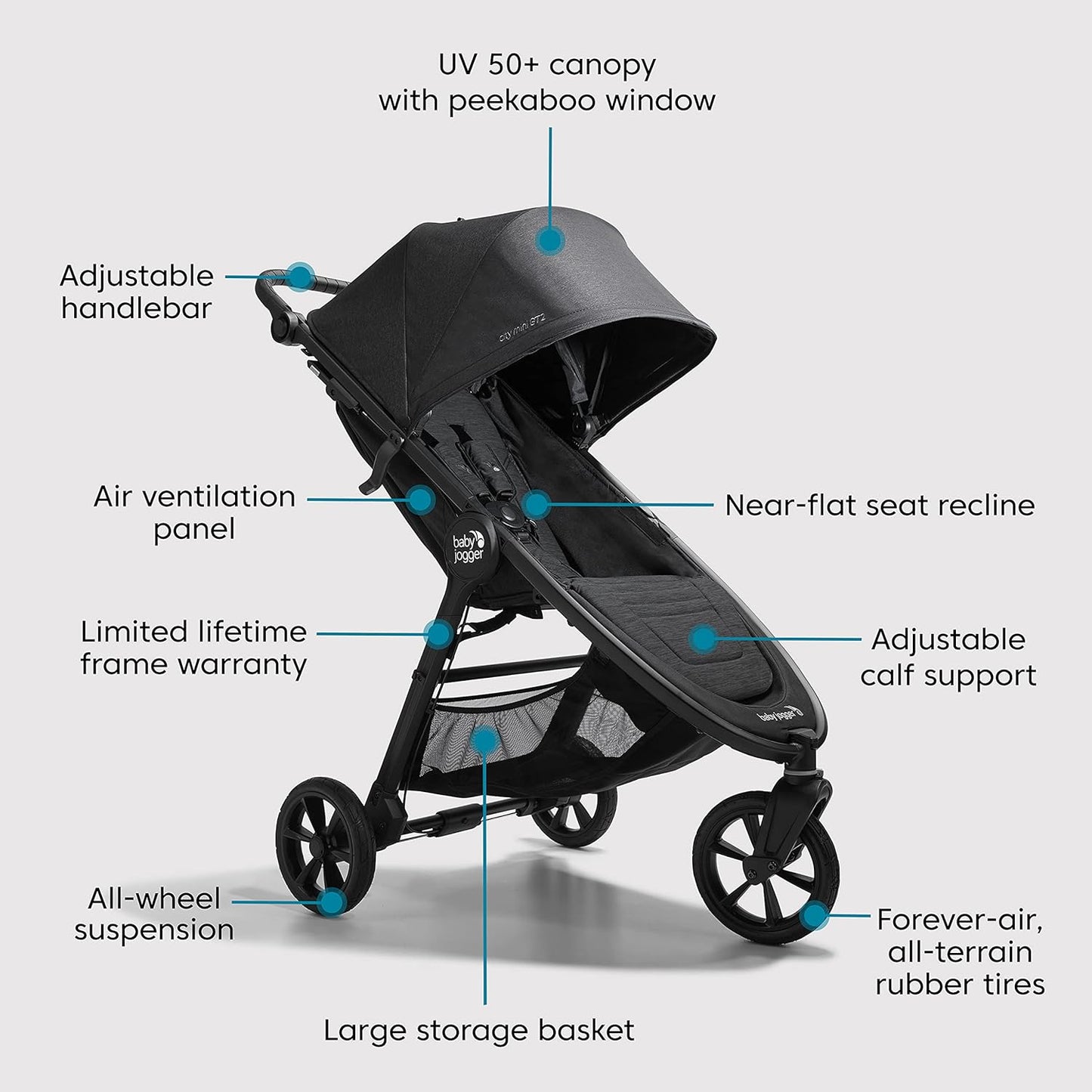 Baby Jogger City Mini GT3 All Terrain Baby Stroller with Forever Air Rubber Tires, All Wheel Suspension, Lightweight Stroller with Magnetic Buckle, No-Rethread Harness, and Foot Brake, Frosted Ivory