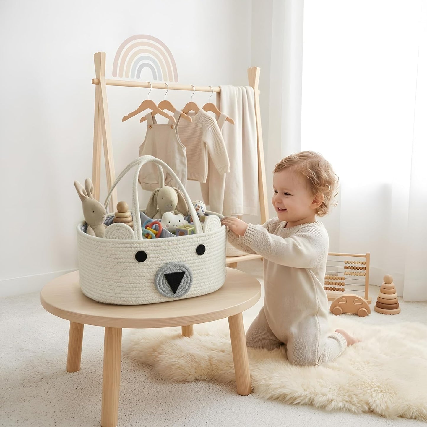 DECOMOMO Baby Caddy Organizer, Mother's Day Diaper Caddy Basket, Baby Baskets for Baby Shower (Spiral Beige & White, Large)
