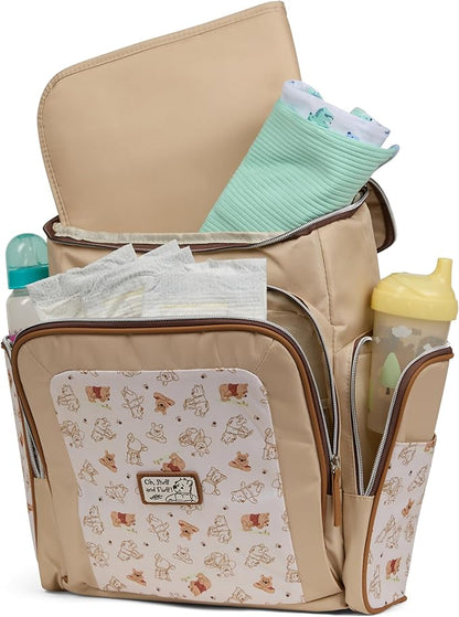 Disney Diaper Bag Backpack with Changing Pad Winnie the Pooh – 16” Nylon Baby Bag for Parents, Insulated Bottle Holders, Multiple Storage Pockets