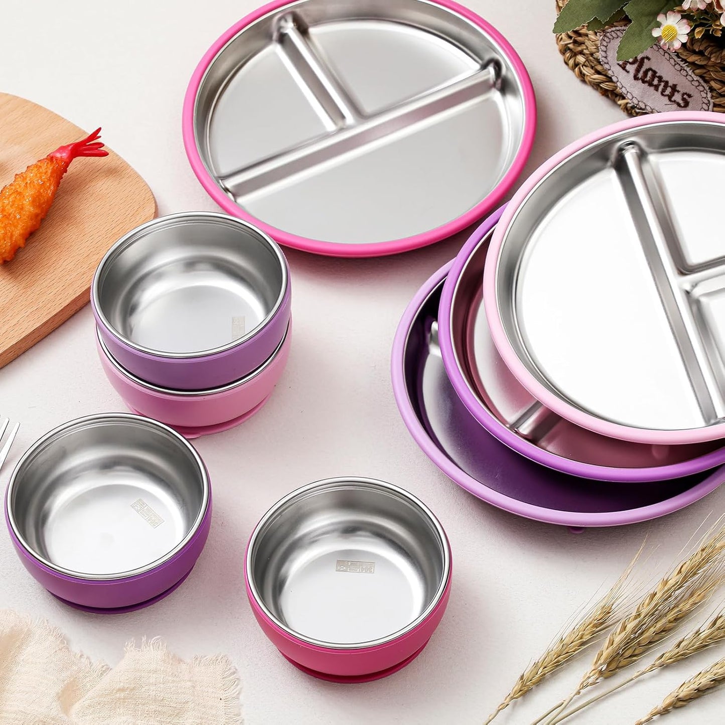 Havawish 8 Pcs Stainless Steel Baby Plate and Bowls with Suction, 8.3" Kid Divided Plate and 4" Toddler Bowl with Removable Silicone, BPA-free Non-slip Baby Feed Set Dishwasher Safe for Boy Girl(Pink)