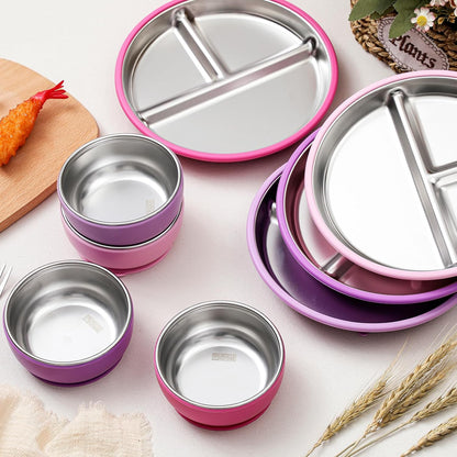 Havawish 8 Pcs Stainless Steel Baby Plate and Bowls with Suction, 8.3" Kid Divided Plate and 4" Toddler Bowl with Removable Silicone, BPA-free Non-slip Baby Feed Set Dishwasher Safe for Boy Girl(Pink)